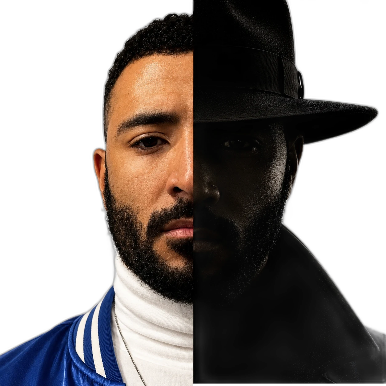 Mr. Nxbody — split portrait, unmasked and masked